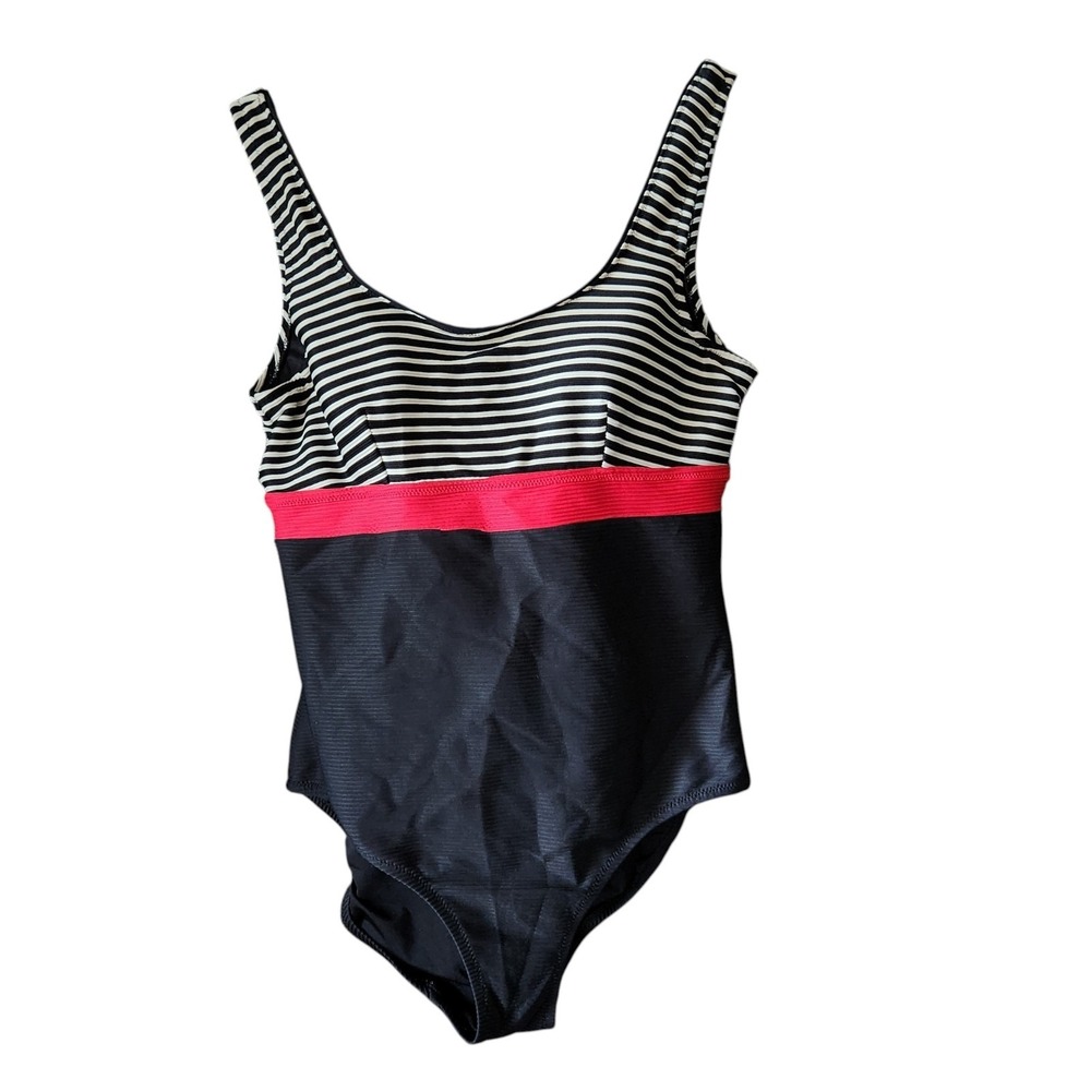 Lands End Black White Red Stripes Ribbed Underwire One Piece Swimsuit Size 12